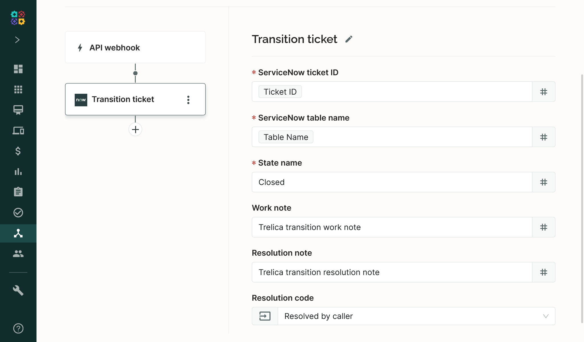 SaaS Manager workflow action selector with Transition ticket selected