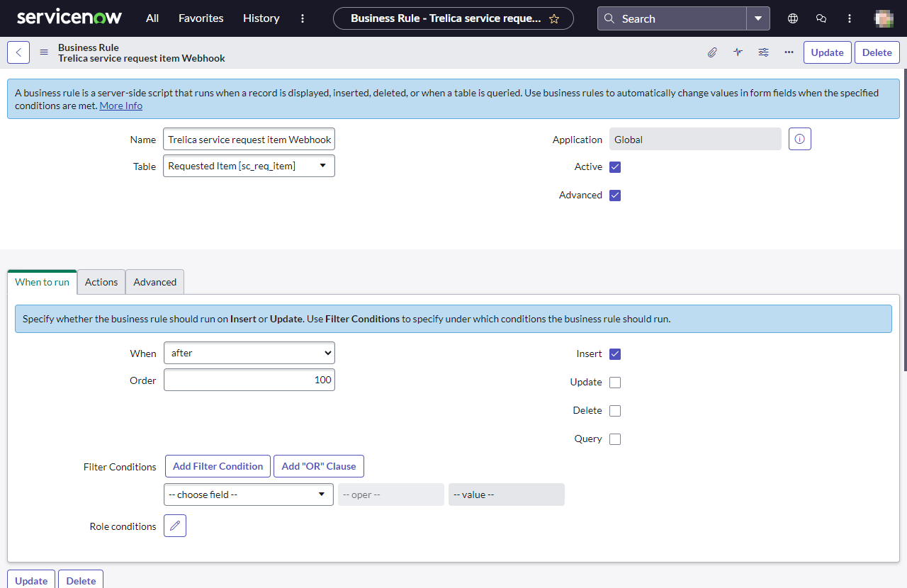 ServiceNow Business Rule When to Run configuration for a new Service Request Item