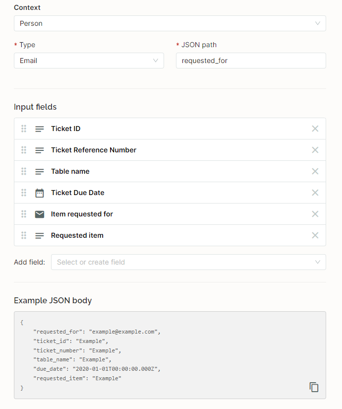 SaaS Manager workflow input fields for a ServiceNow ticket webhook