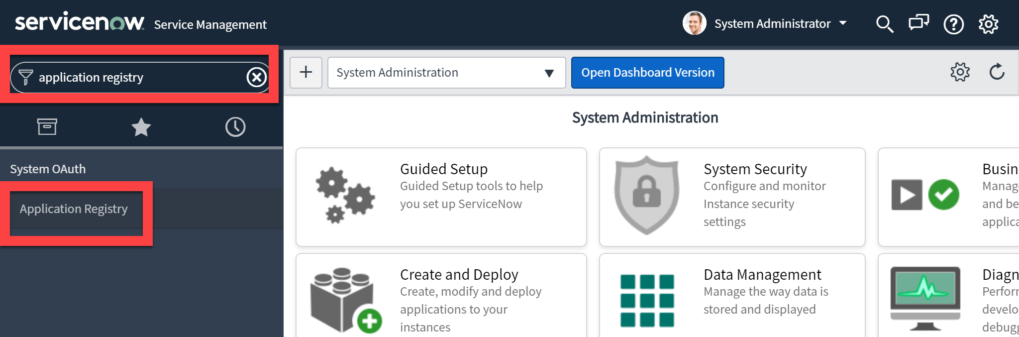 ServiceNow navigator search for Application Registry