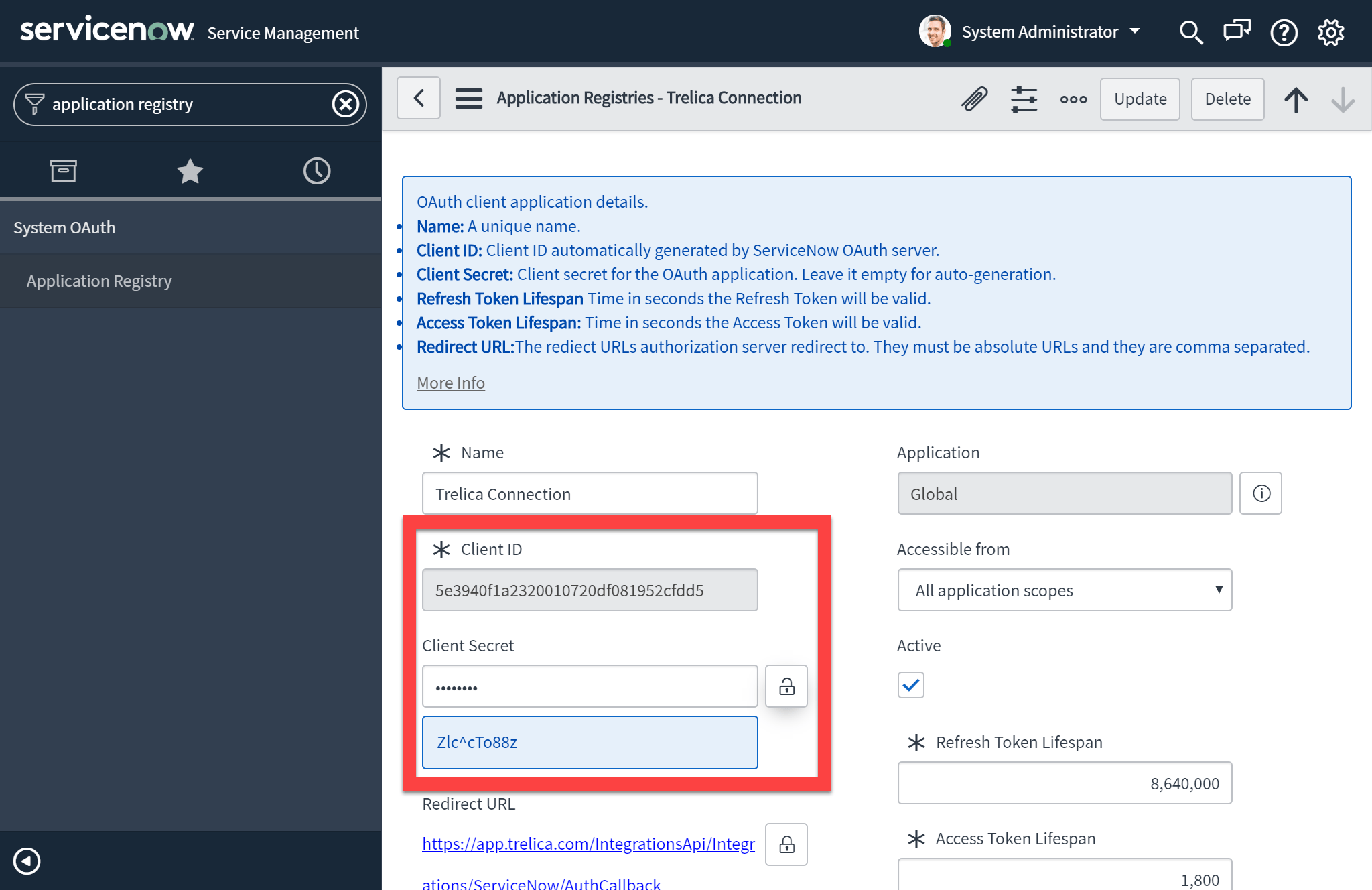 ServiceNow OAuth client details with the Client Secret reveal control