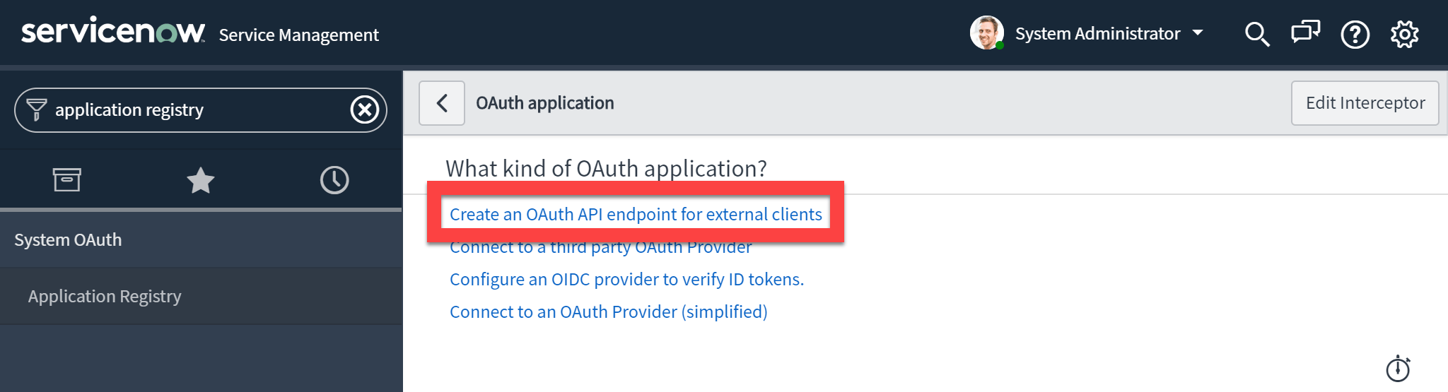 ServiceNow Application Registry options with Create an OAuth API endpoint for external clients selected