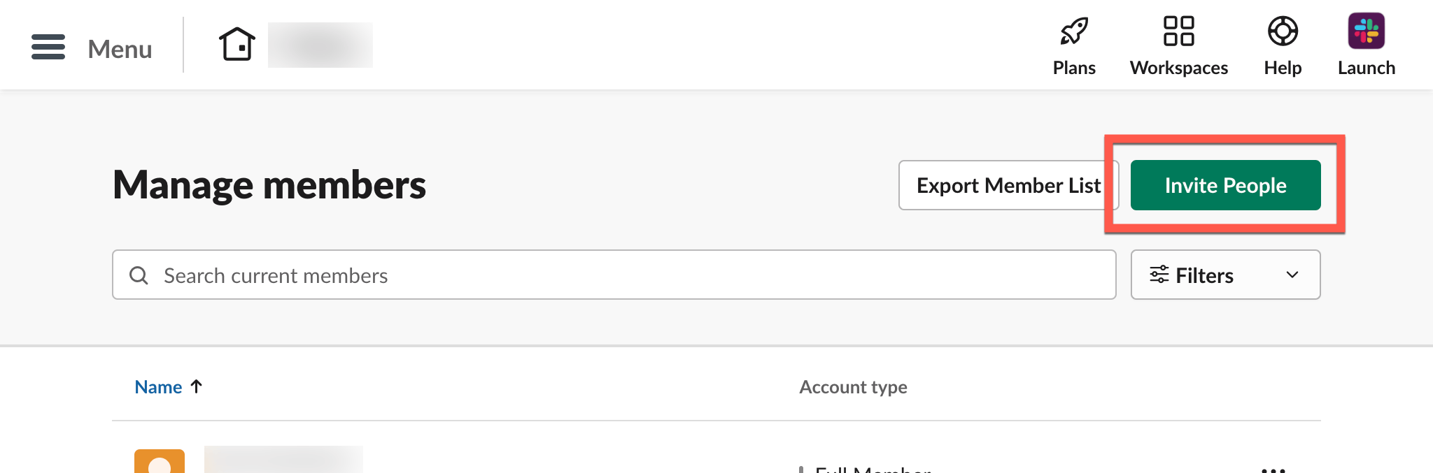 Slack management page with Invite People selected