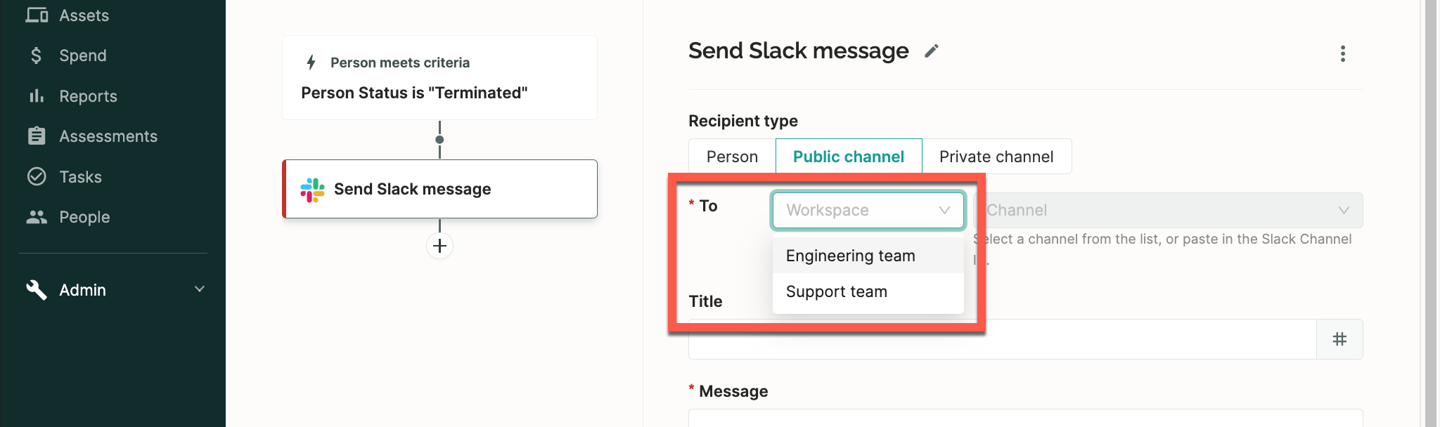 SaaS Manager Slack workflow action with Enterprise Grid workspace selection