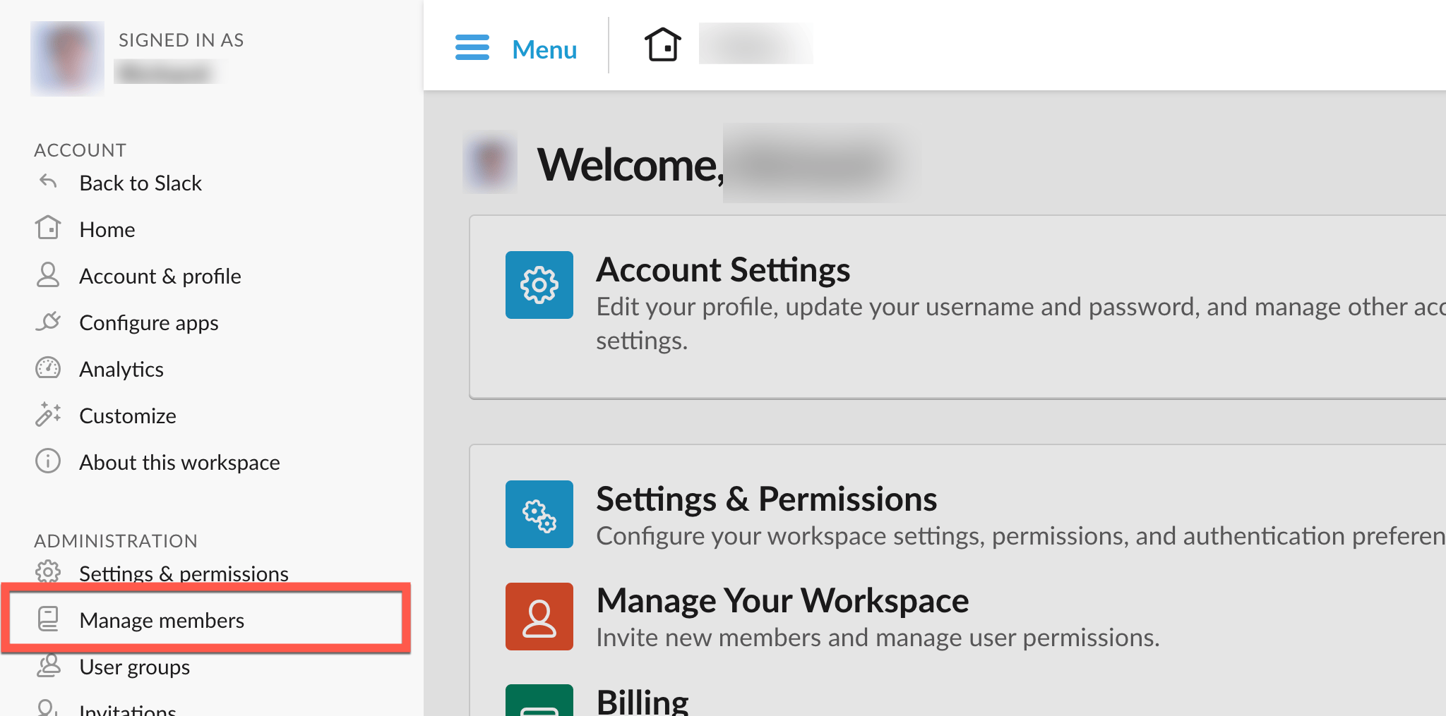 Slack workspace menu with Manage members selected