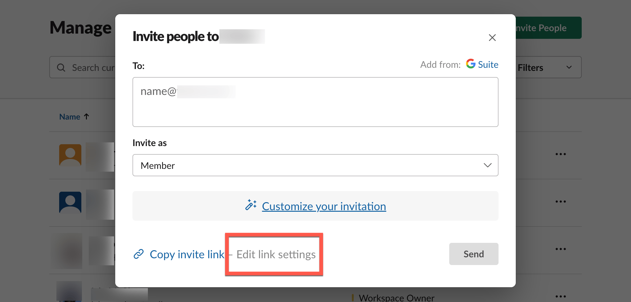 Slack invite people dialog with Edit link settings selected