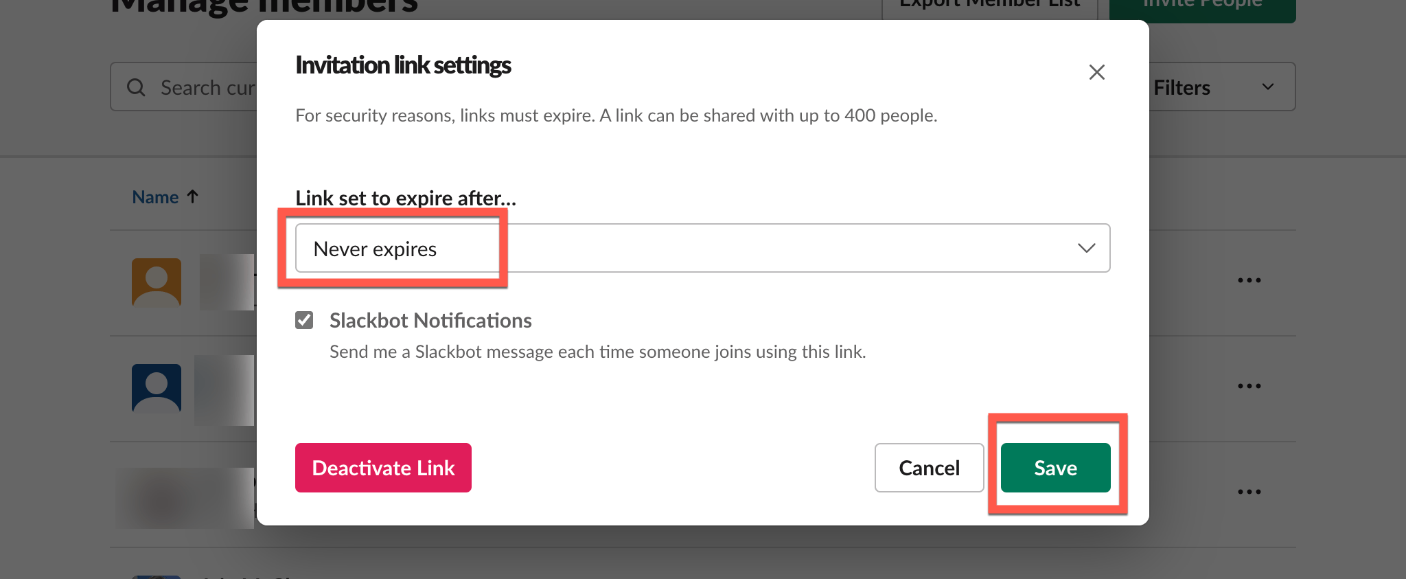 Slack invite link settings with Never expires selected