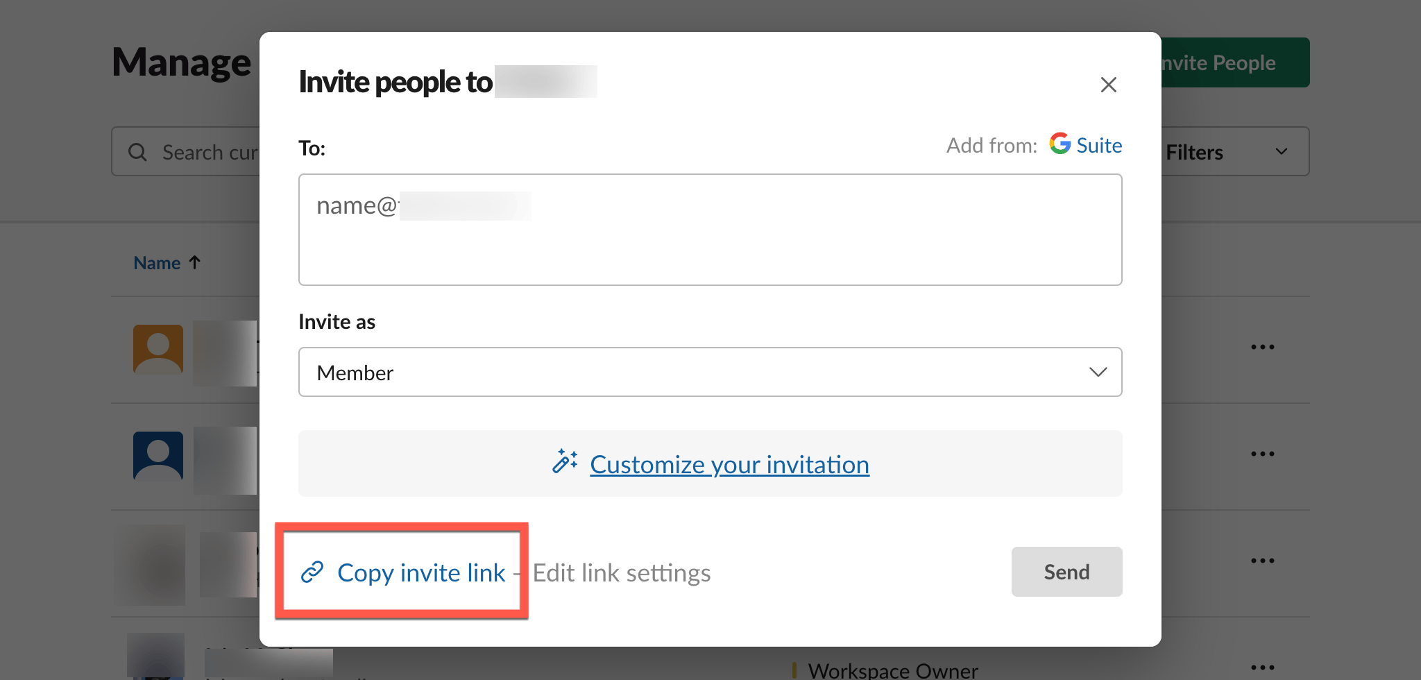 Slack invite people dialog with Copy invite link selected