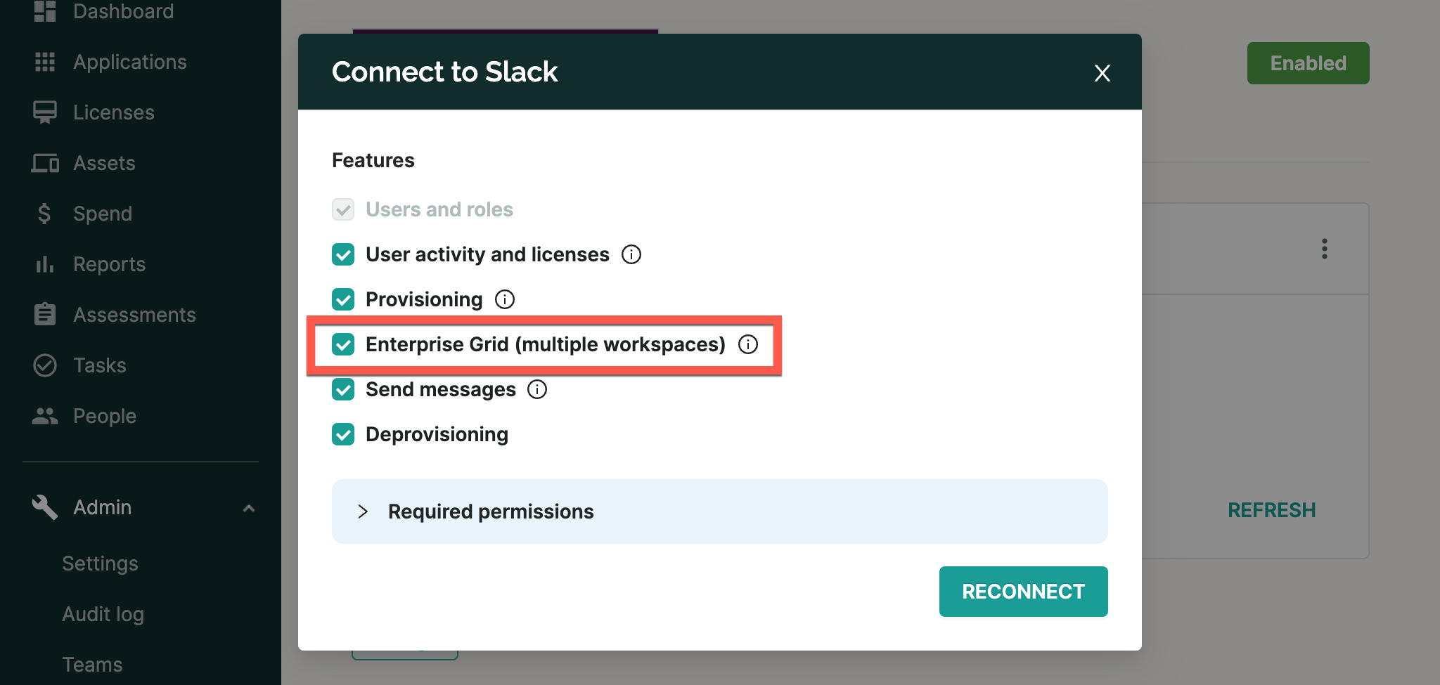 SaaS Manager Slack connection dialog with Enterprise Grid selected