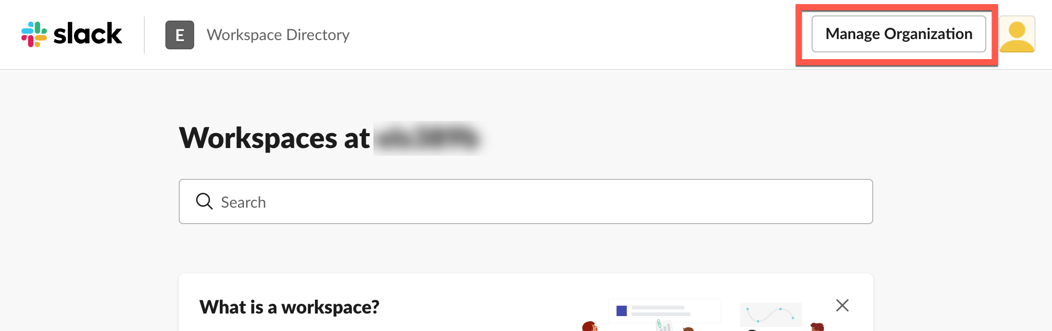 Slack Enterprise Grid organization menu with Manage Organization selected