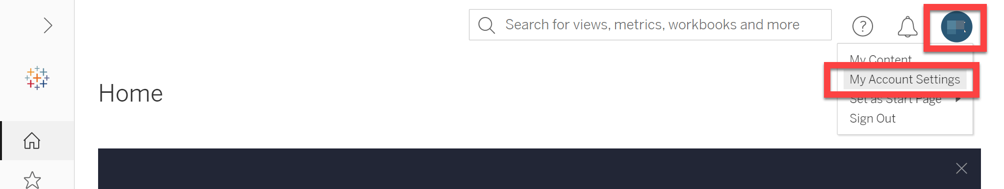 Tableau profile menu with My Account Settings selected