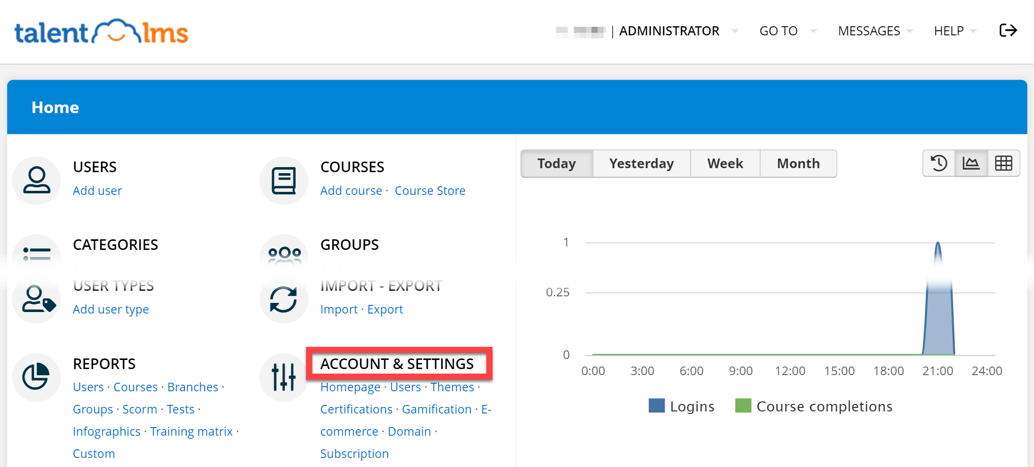 TalentLMS administrator dashboard with Account and Settings selected