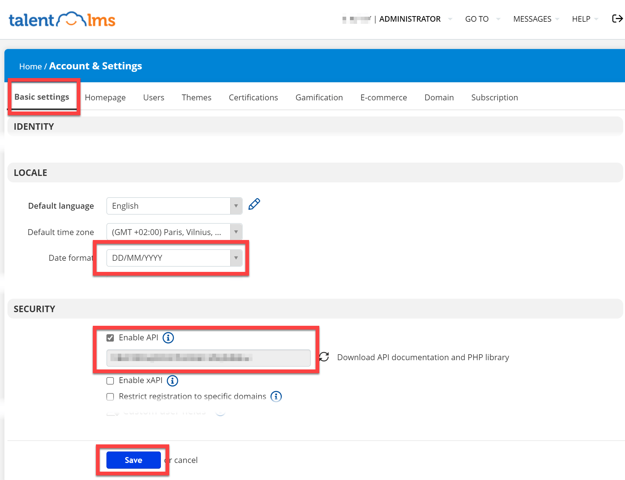 TalentLMS Basic Settings with Enable API and the access token