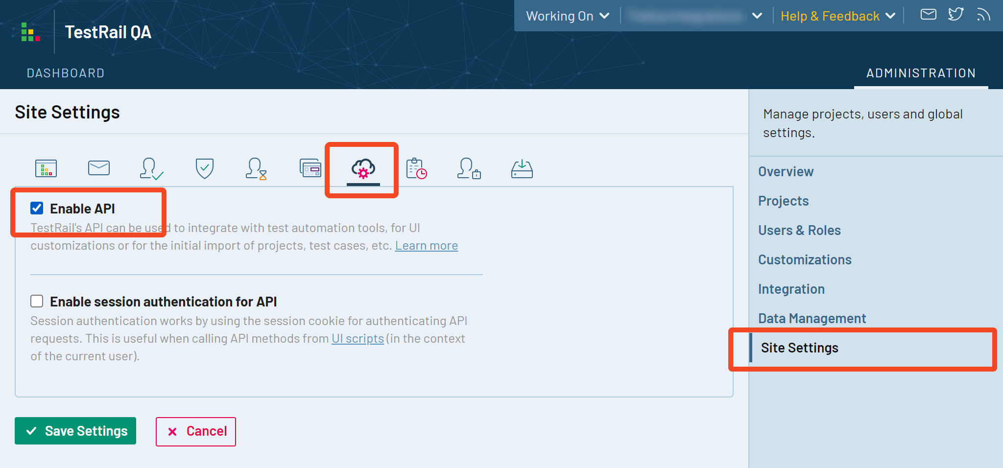TestRail Administration menu with Site Settings API selected