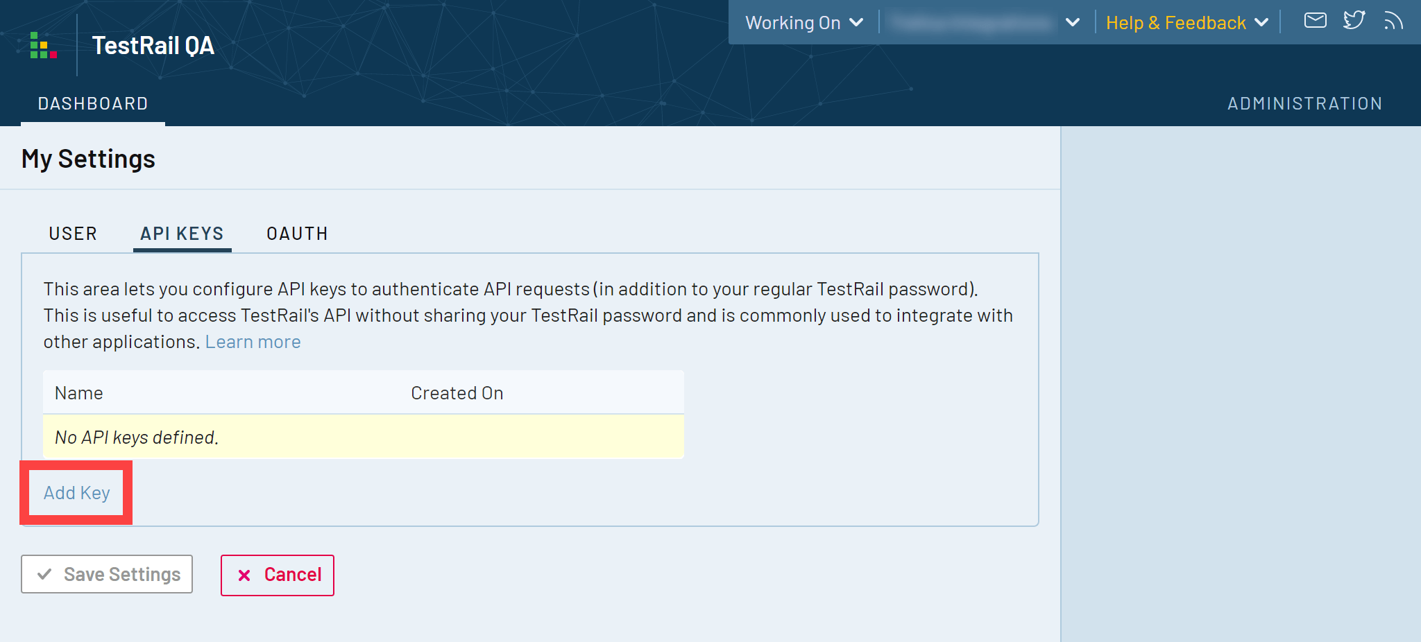 TestRail API Keys page with Add Key selected