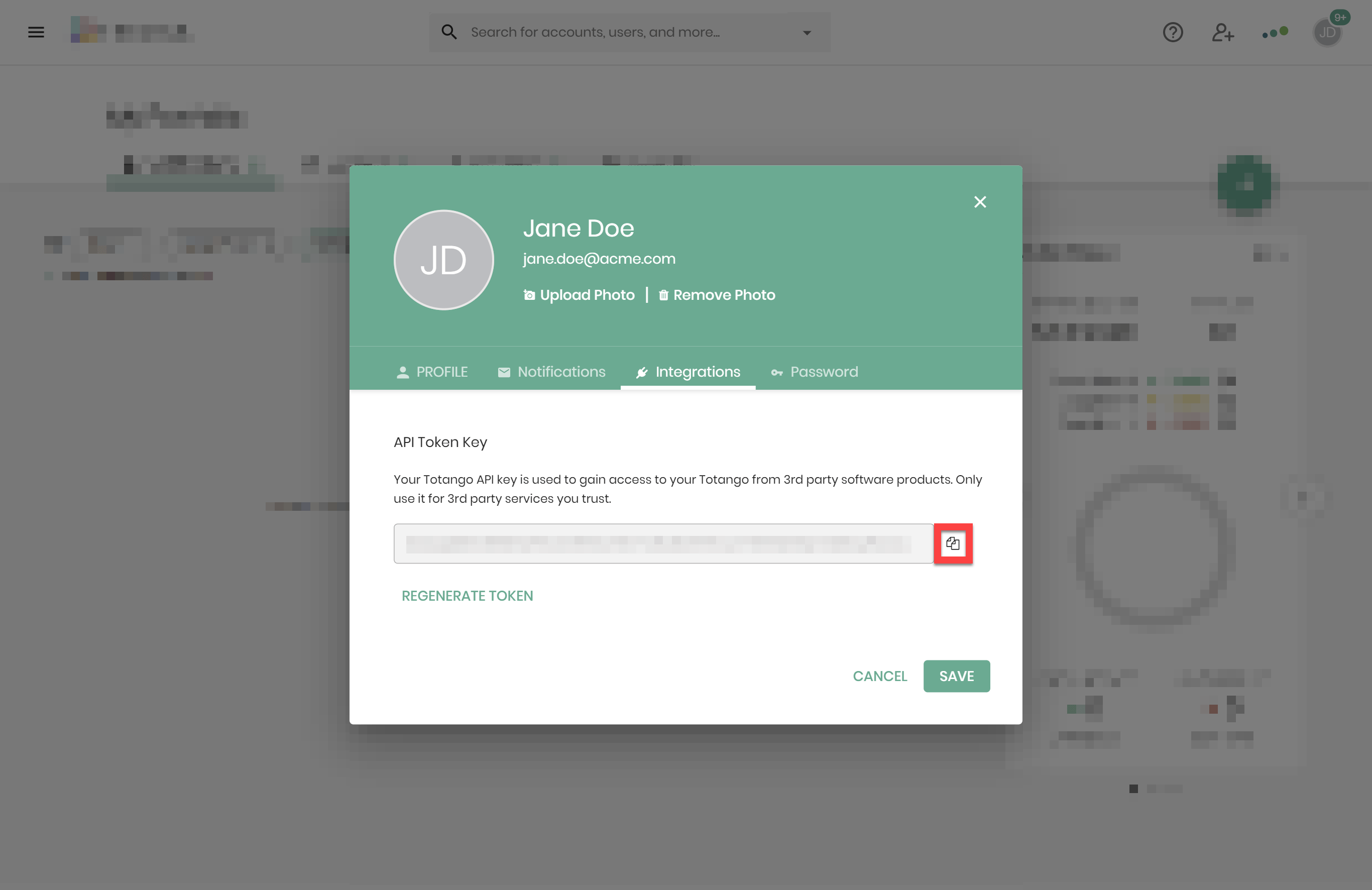 Totango Edit Profile menu with Integrations selected