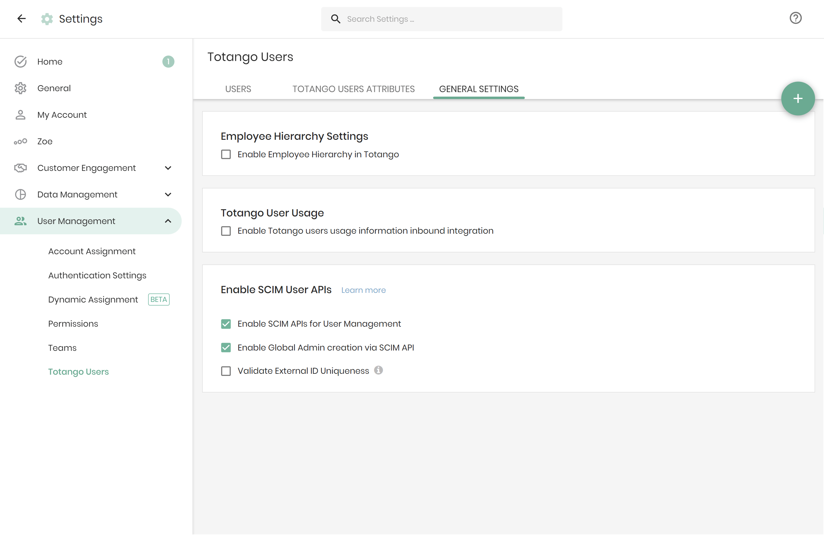 Totango User Management settings with Enable SCIM APIs for User Management selected