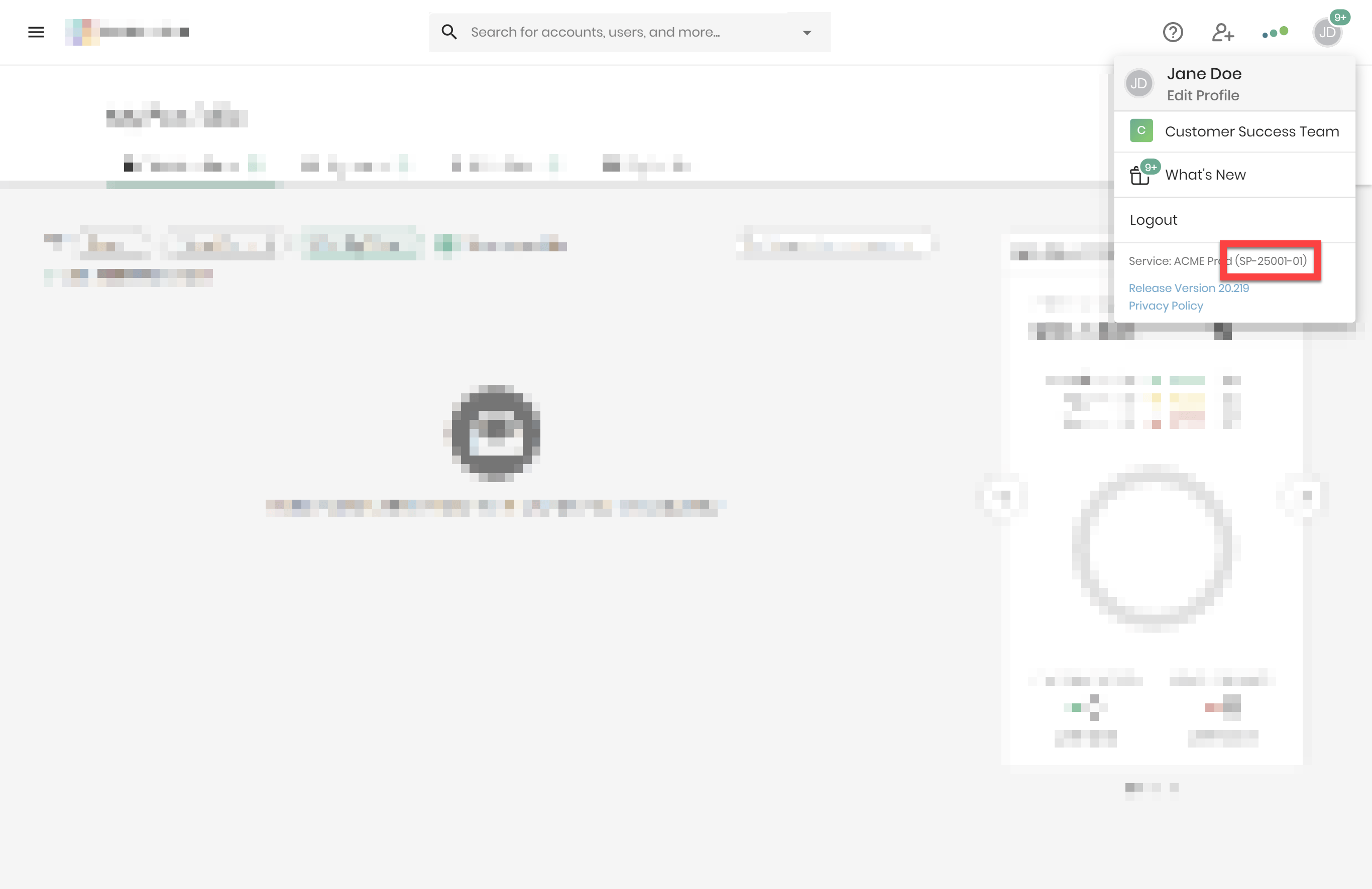 Totango user menu showing the Service ID