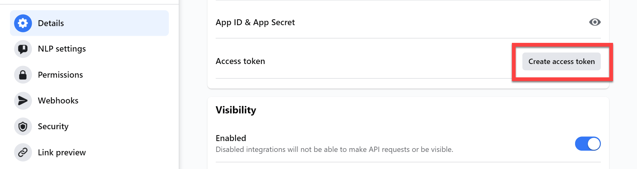 Workplace from Meta integration details with Create access token selected