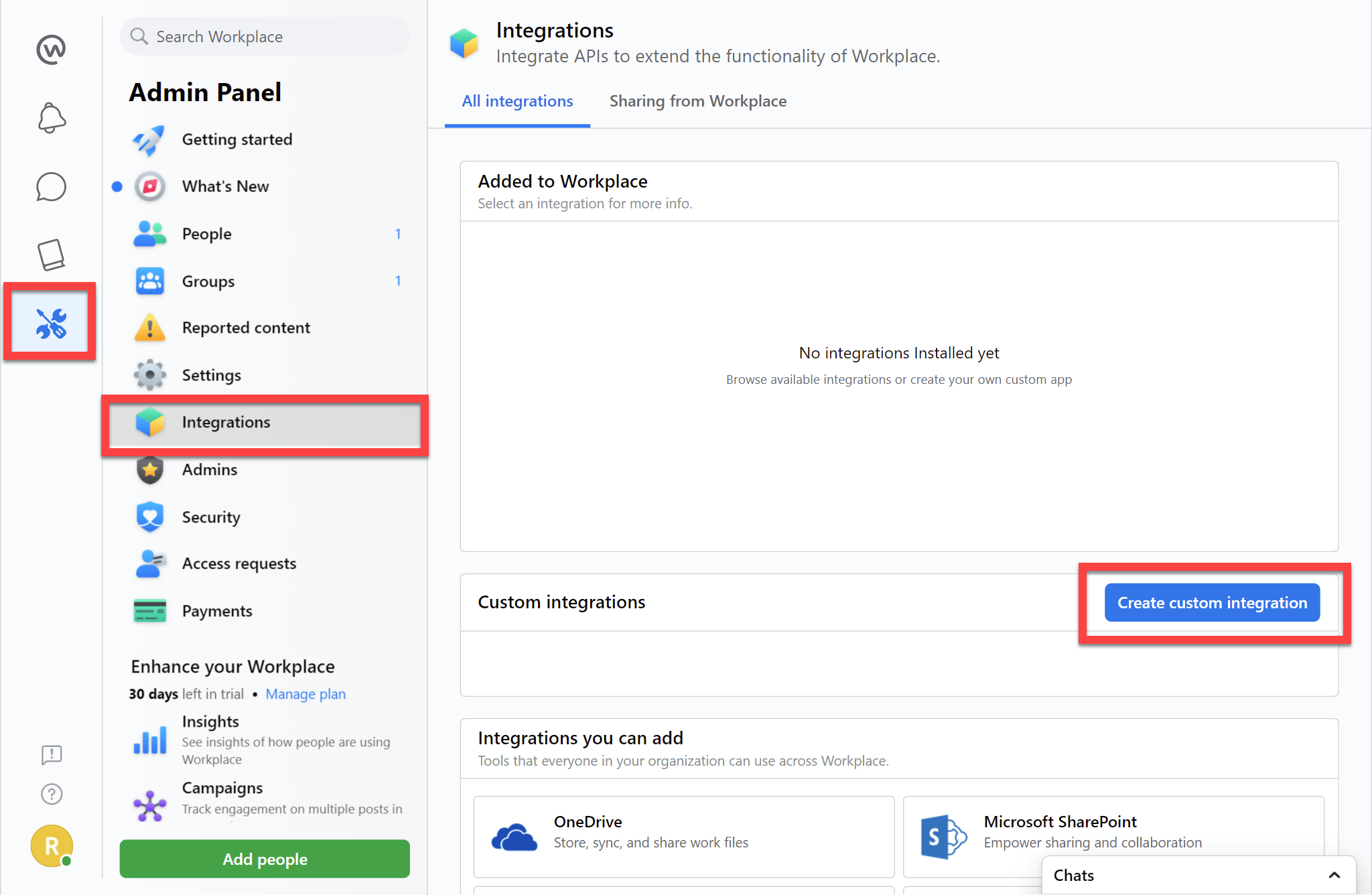 Workplace from Meta Admin Integrations page with Create custom integration selected