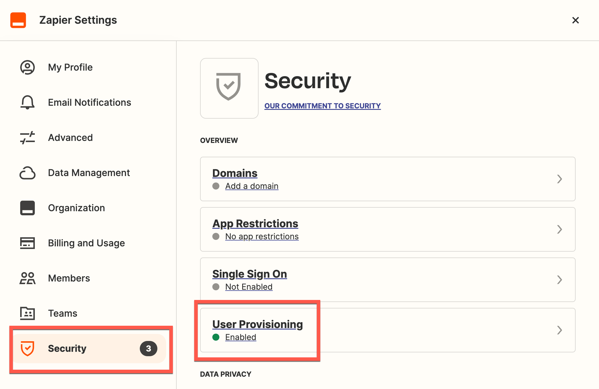 Zapier Security settings with User Provisioning selected