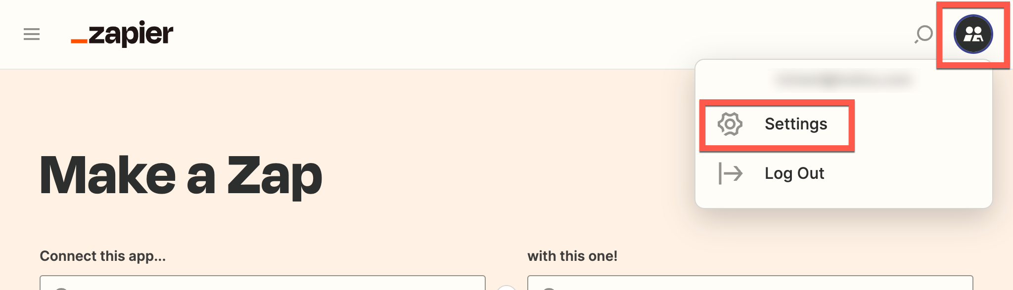 Zapier profile menu with Settings selected