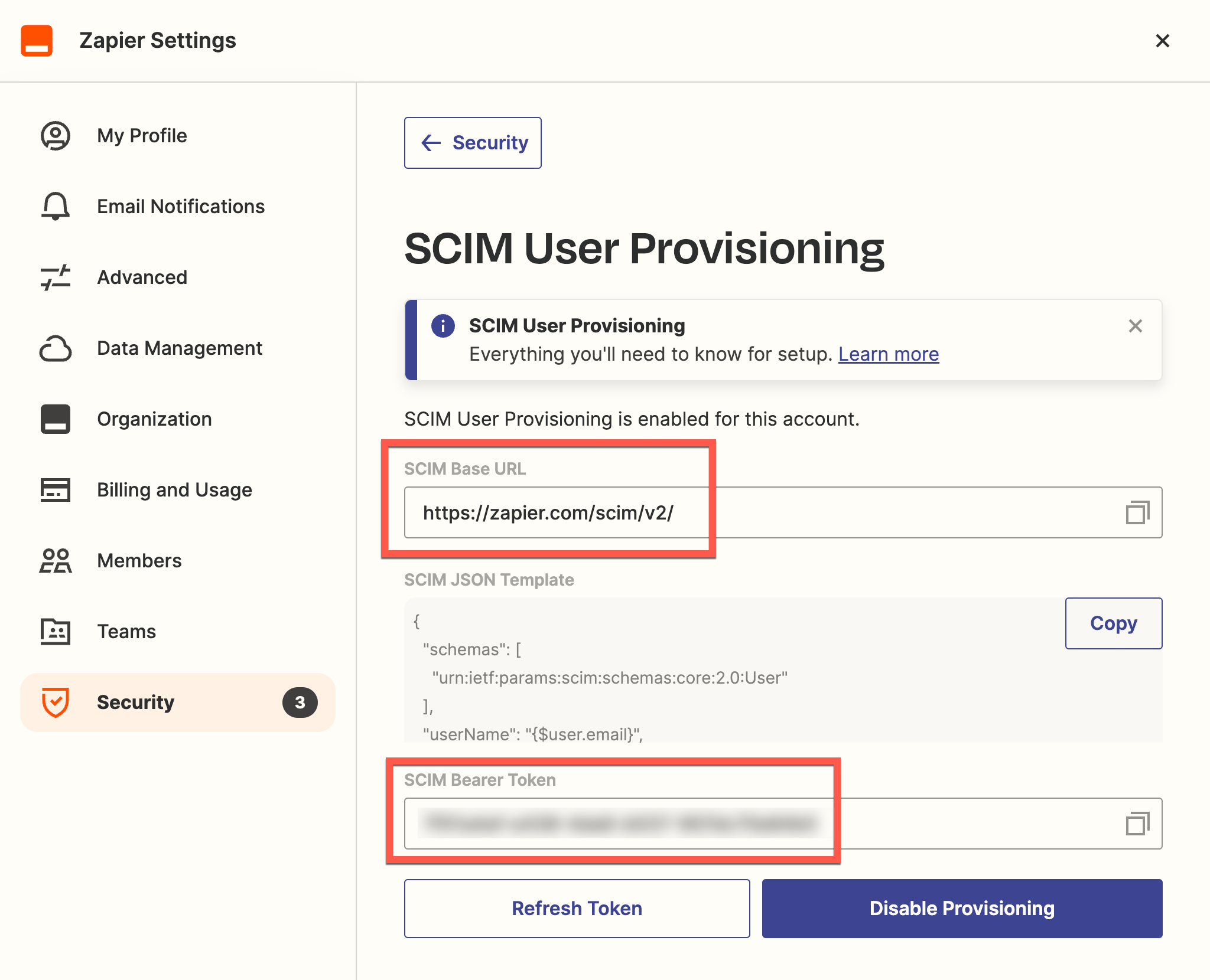 Zapier User Provisioning settings with the SCIM bearer token