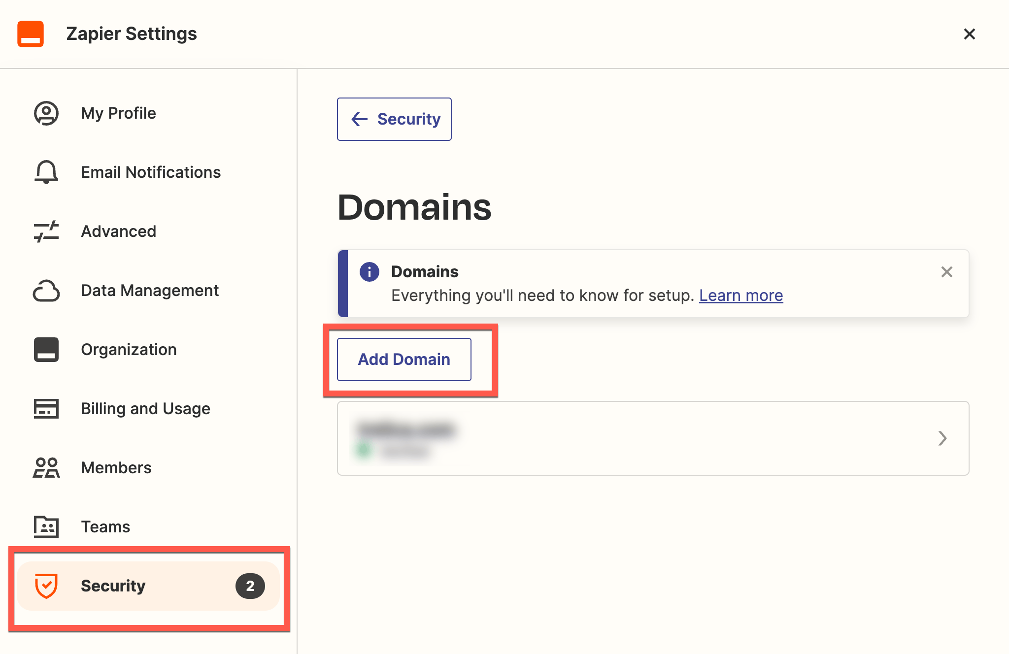 Zapier Security settings with Add Domain selected