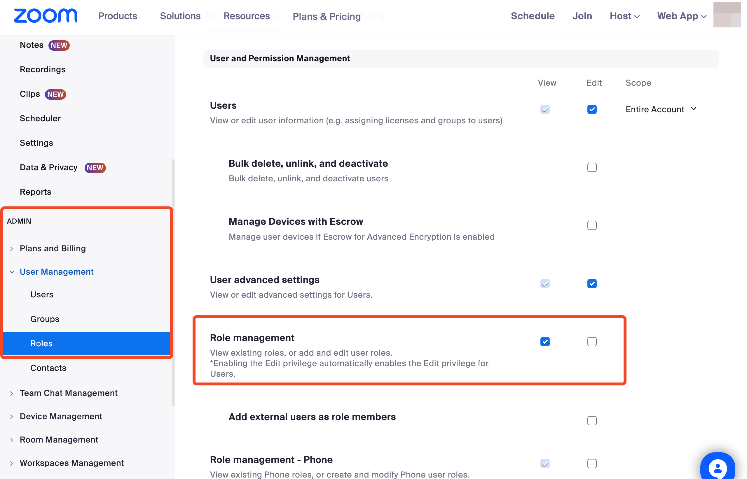 Zoom role settings page with the Admin, User Management, and Roles navigation and Role management permission highlighted