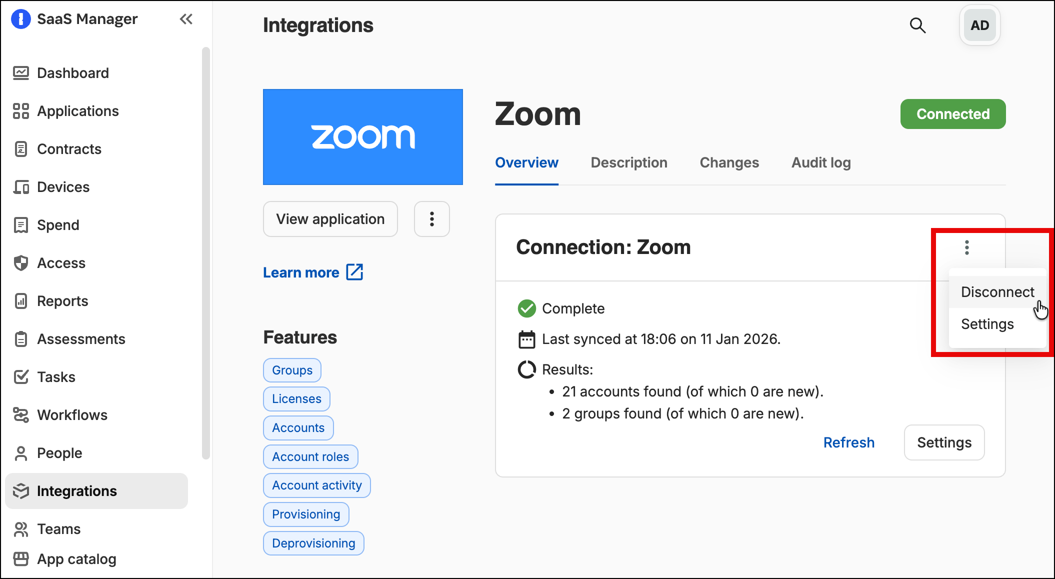 SaaS Manager Zoom integration page with the connection menu open and Disconnect selected