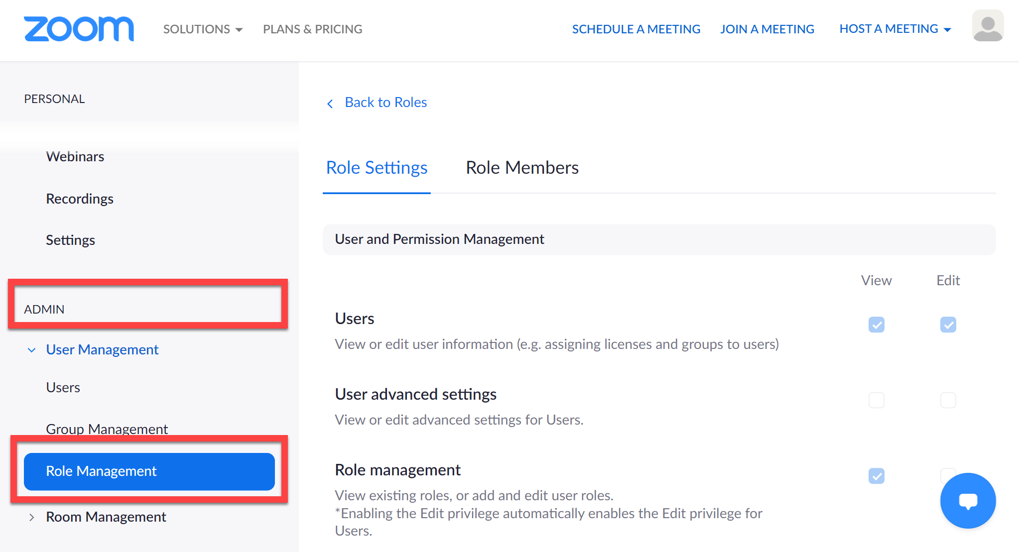 Zoom role settings page showing the Admin navigation and Role management permission highlighted