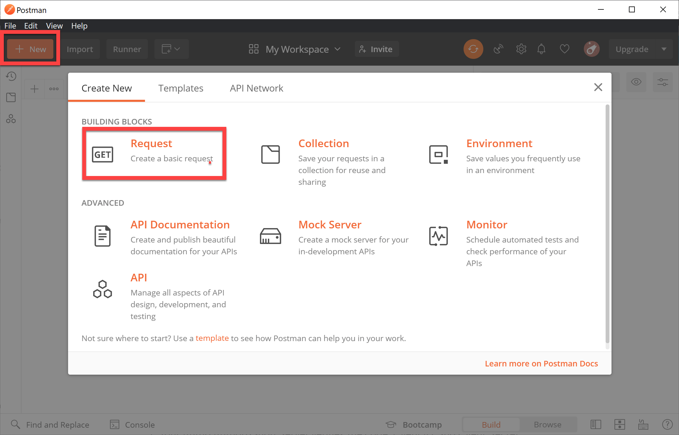 Postman New menu with Request selected