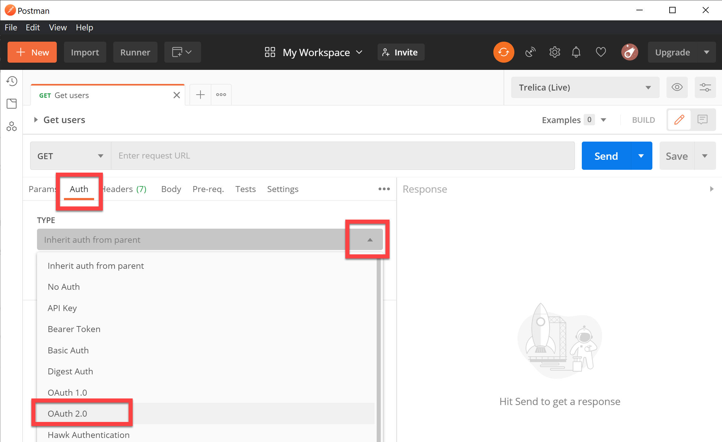 Postman Auth tab with OAuth 2.0 selected