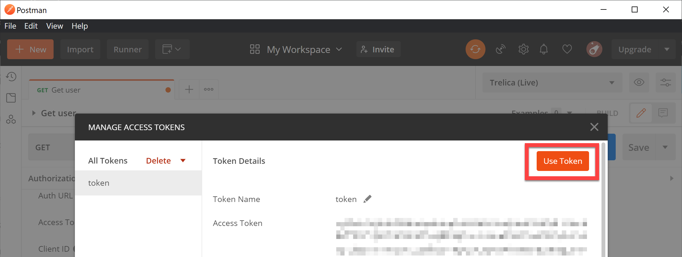 Postman OAuth token dialog showing the SaaS Manager access token