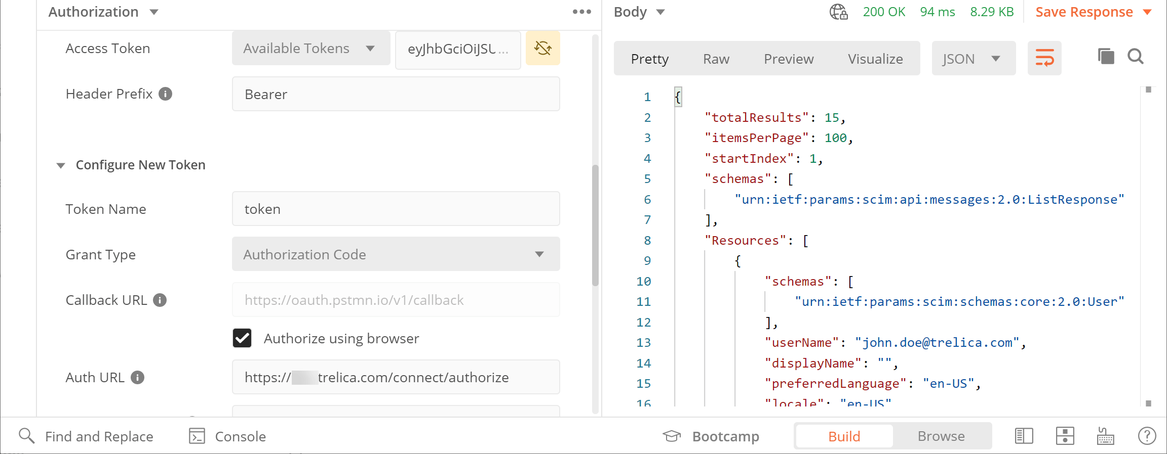 Postman response showing the SaaS Manager API result