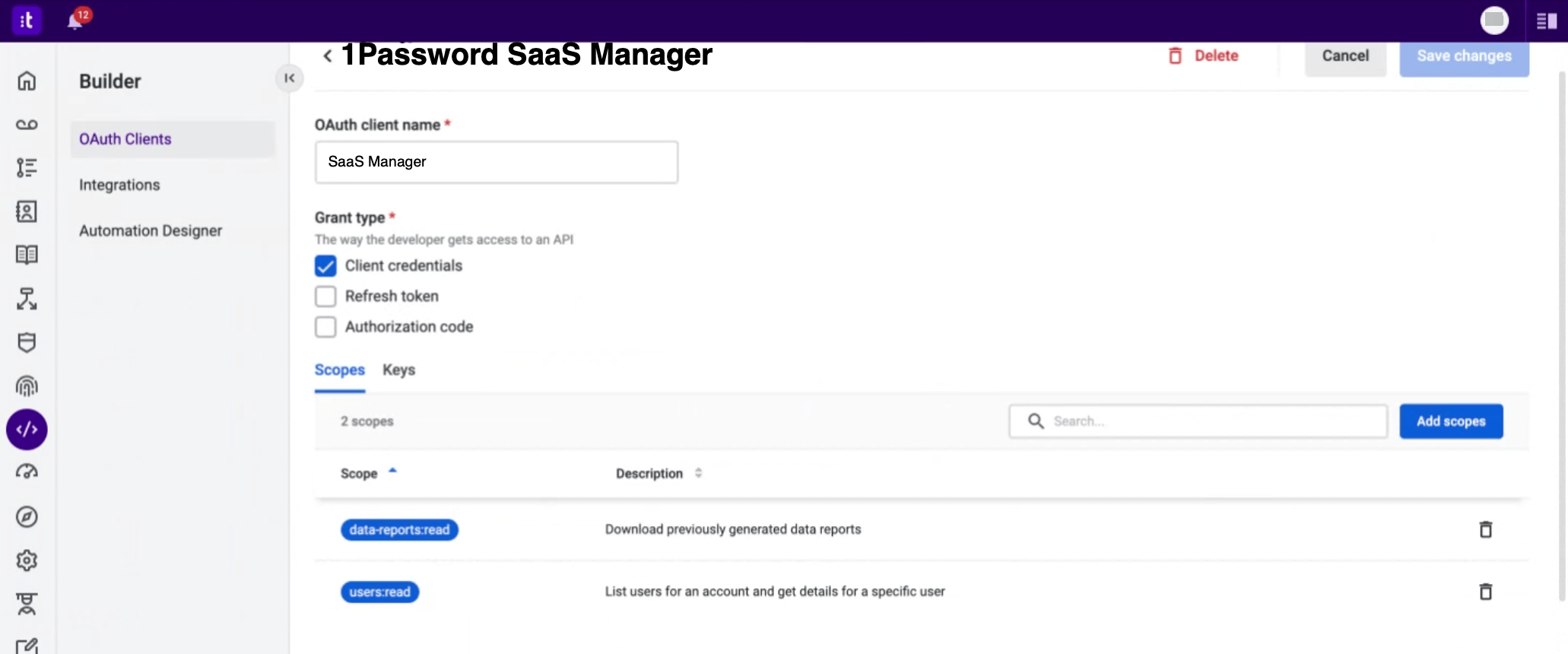 Talkdesk OAuth client scopes with data-reports:read and users:read selected