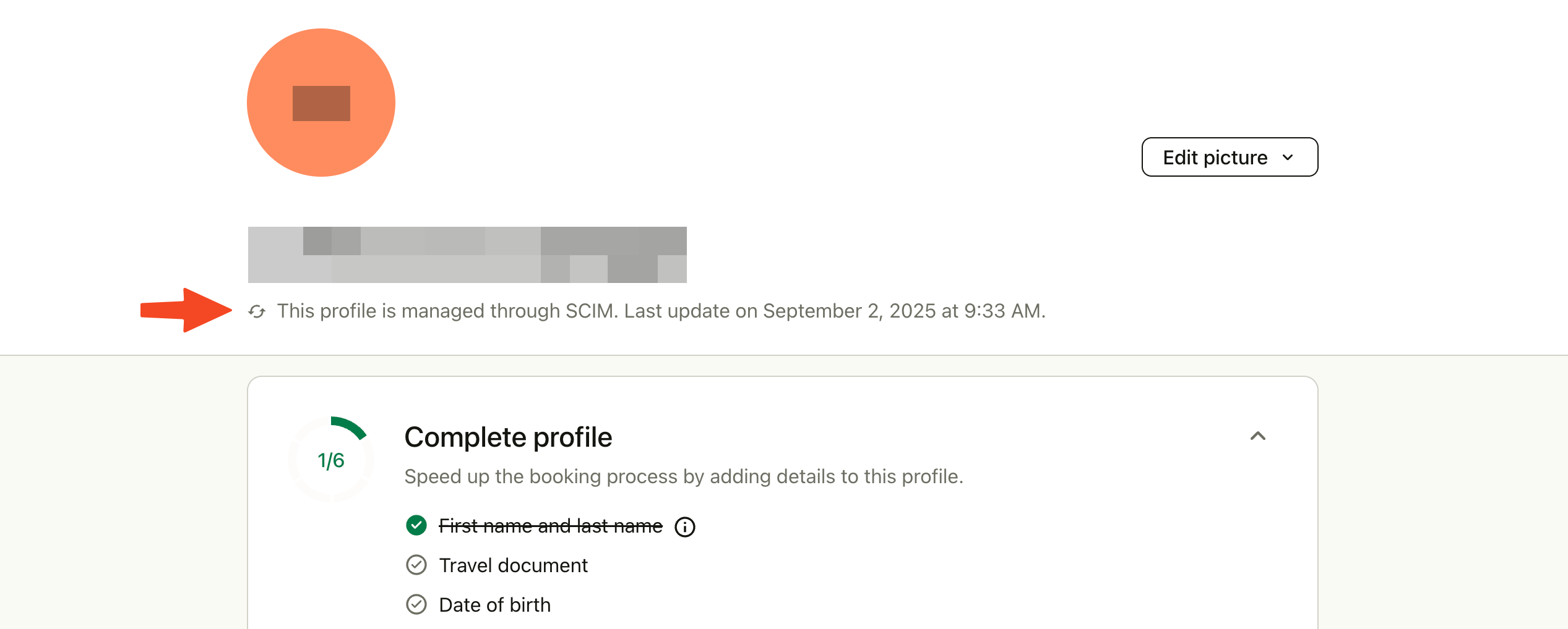 TravelPerk user profile showing that it is managed through SCIM