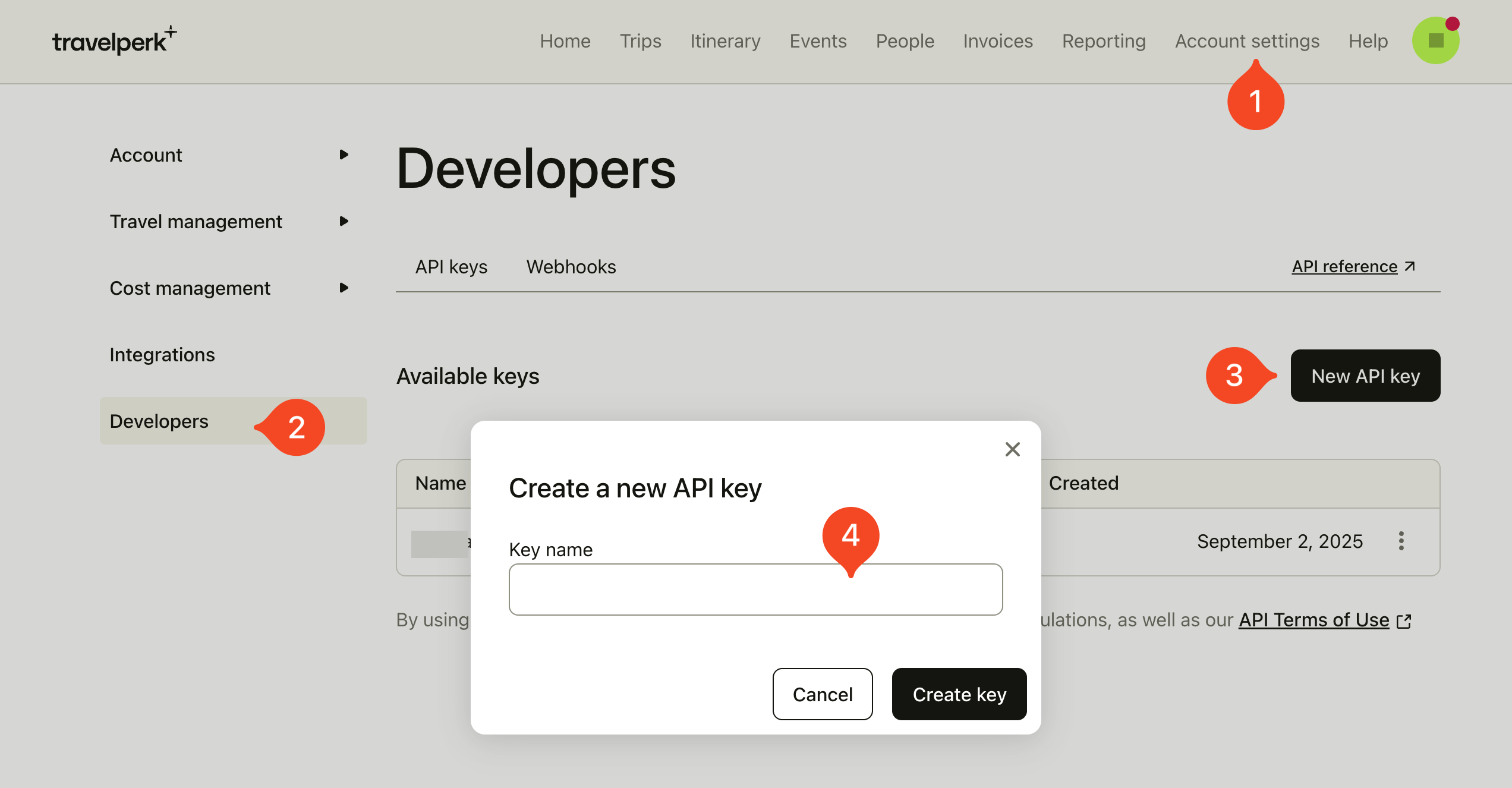 TravelPerk Developers page with the New API key button and create key dialog