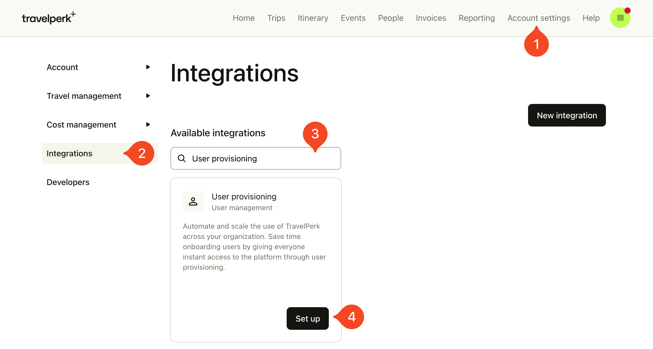 TravelPerk Integrations page showing User provisioning and the Set up button
