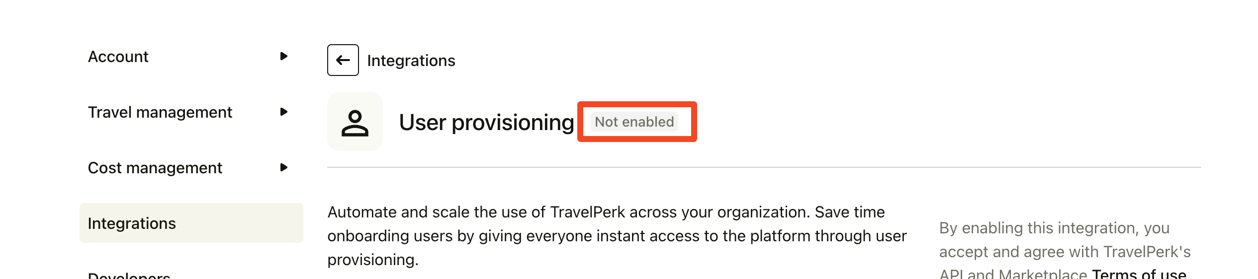 TravelPerk User provisioning integration page marked Not enabled