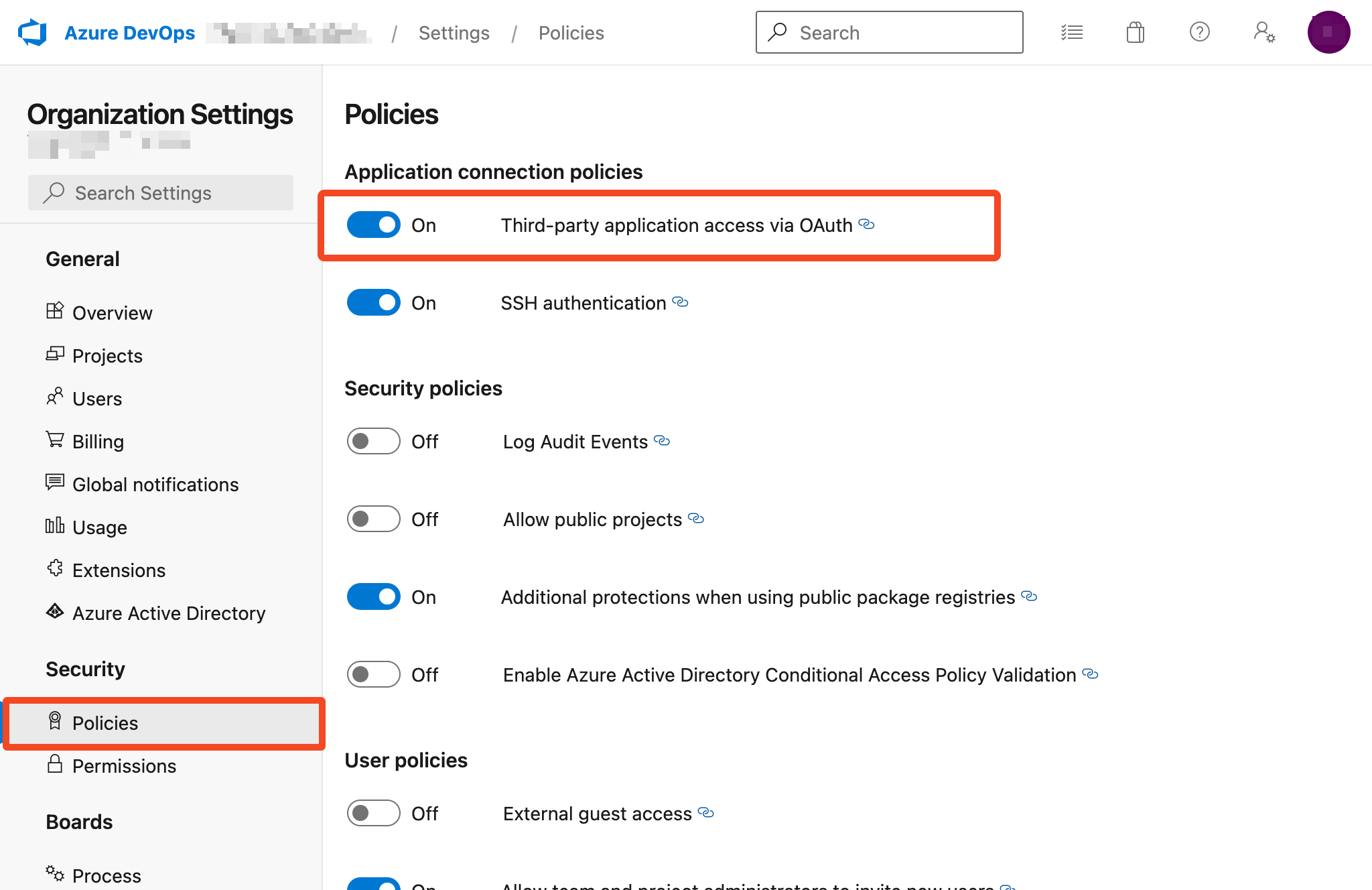Azure DevOps Organization Settings Policies page with third-party application Oauth access enabled