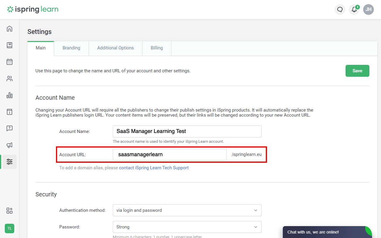 iSpring Learn Settings page with the Account URL field highlighted