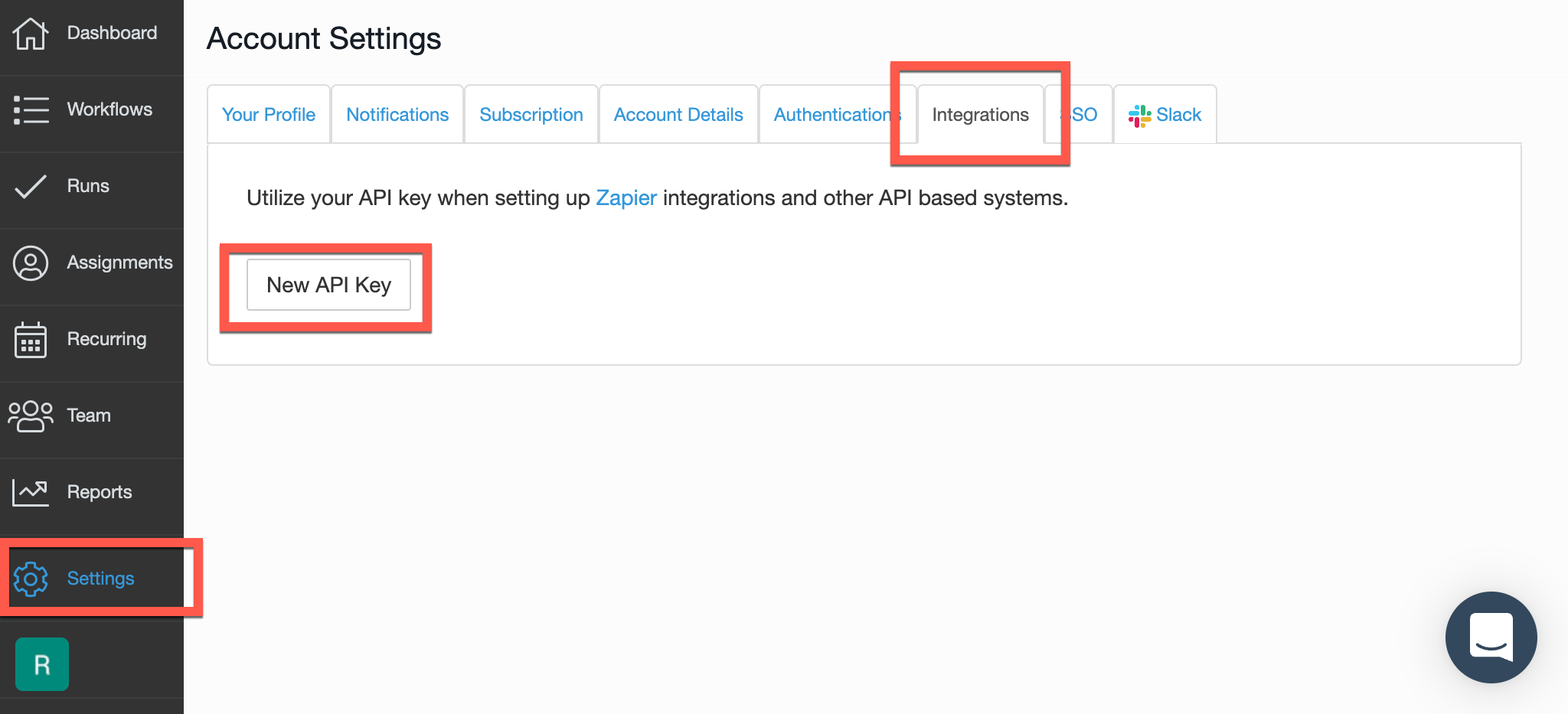 Manifestly account settings with the Integrations tab and New API Key button highlighted