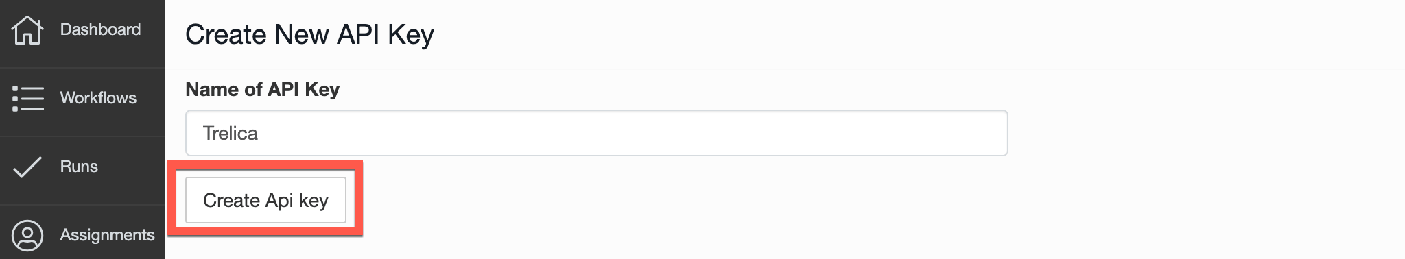 Manifestly Create New API Key form with the API key name and Create API key button