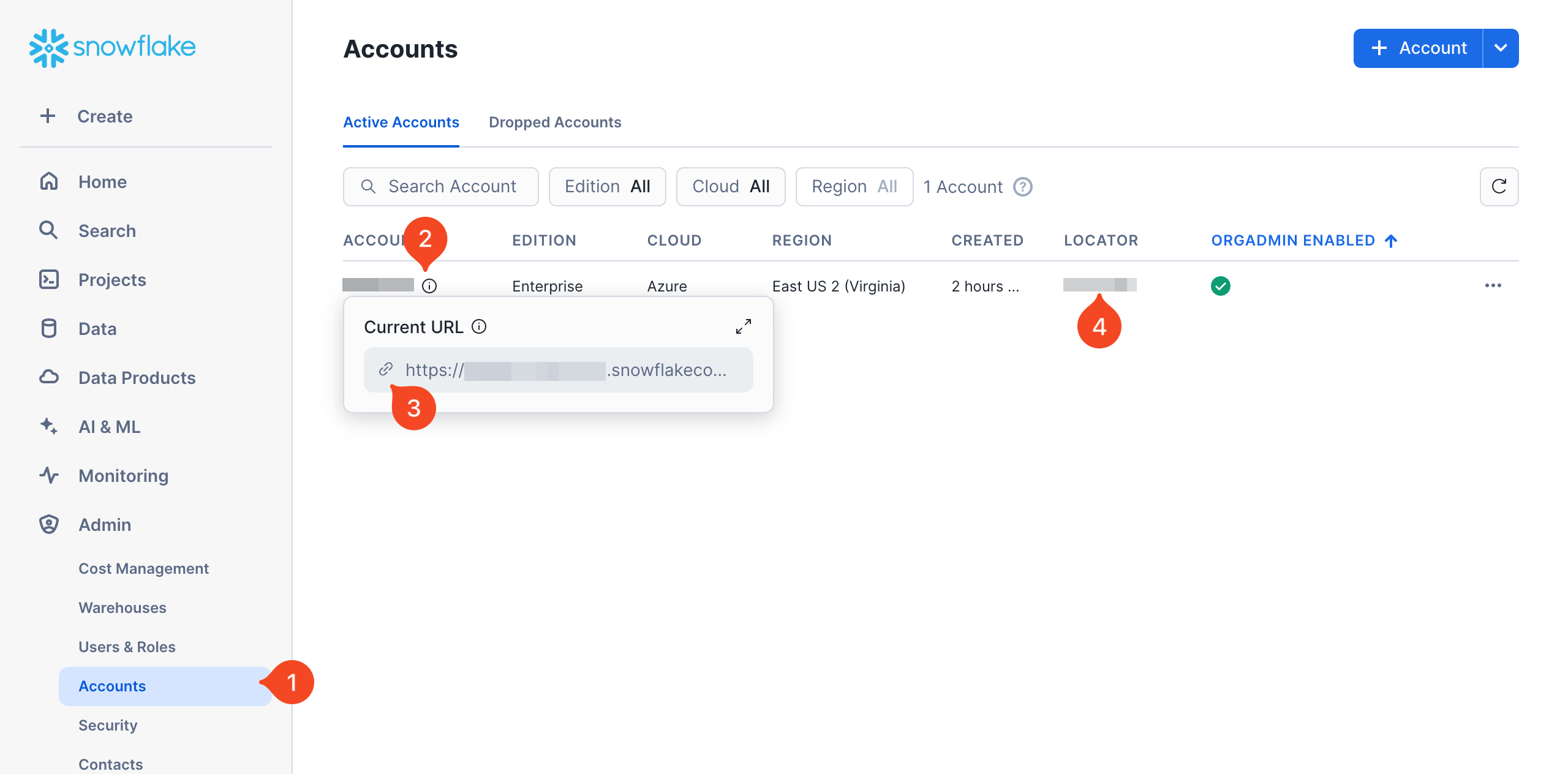 Snowflake Accounts page showing the account URL and locator