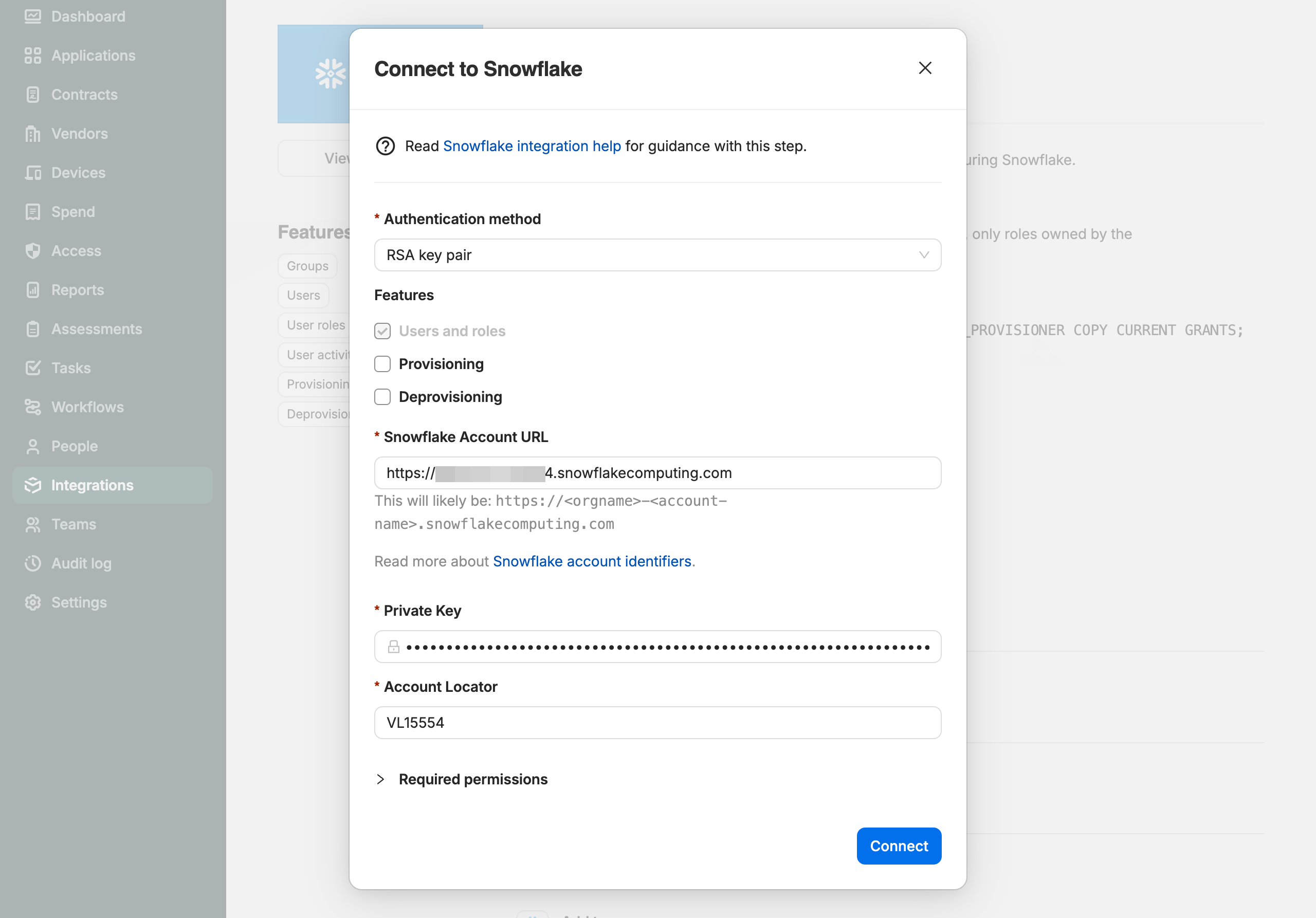 SaaS Manager Snowflake connection dialog with account and authentication fields