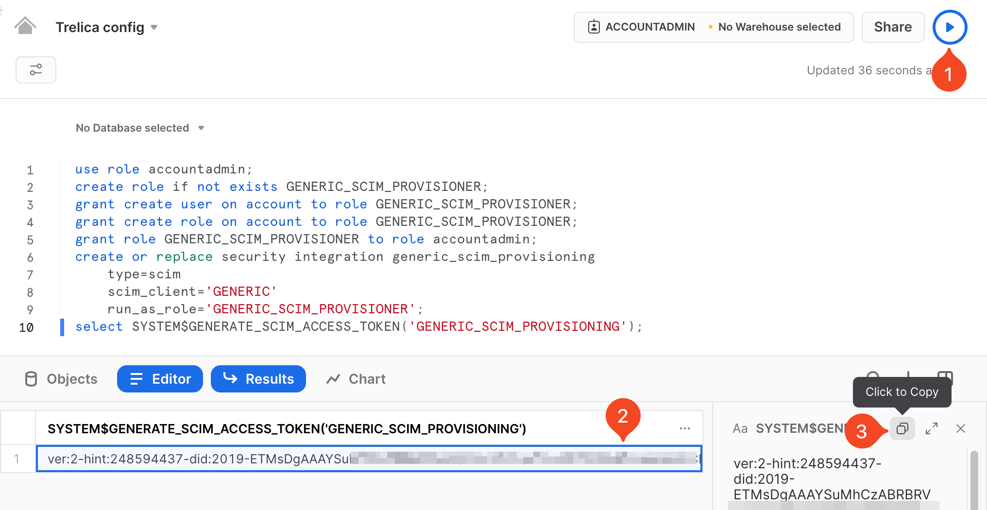 Snowflake worksheet result showing a generated SCIM access token