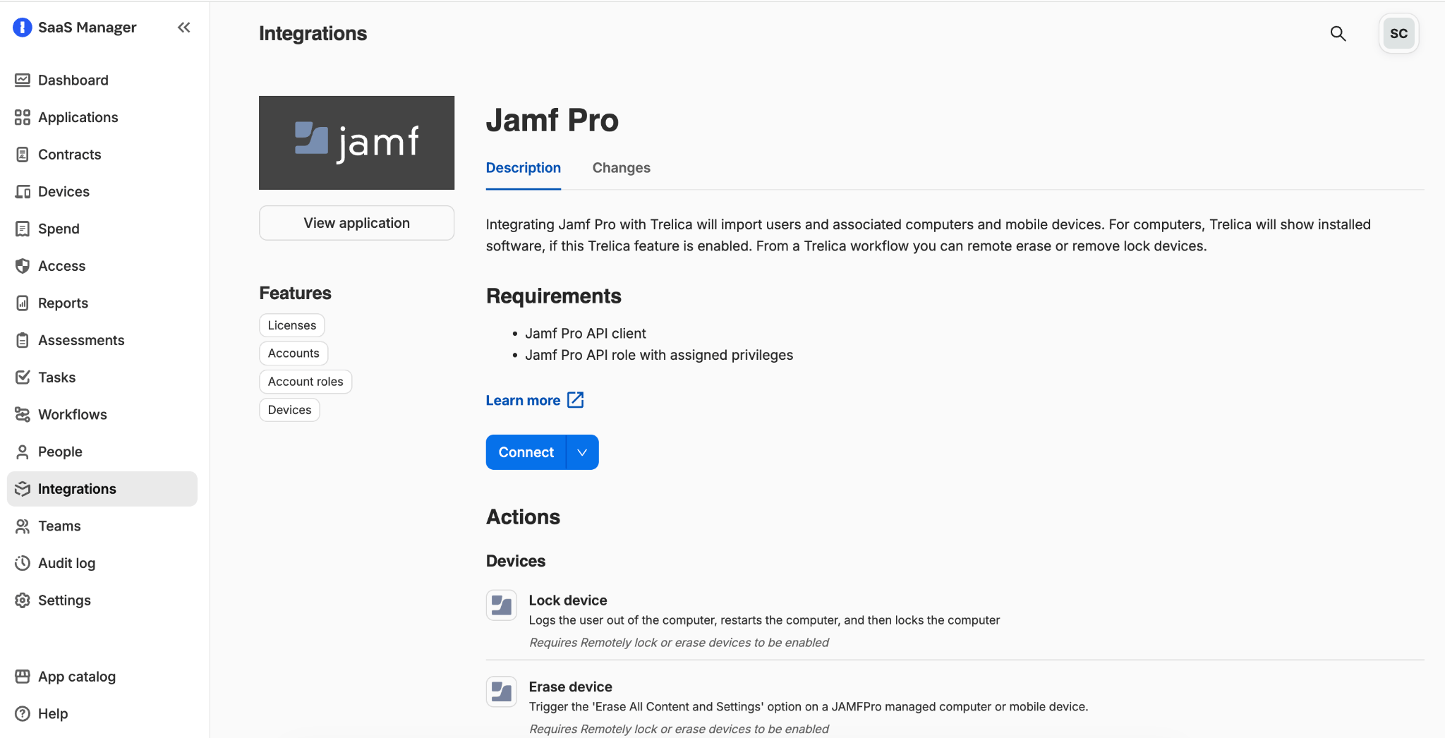 SaaS Manager Jamf Pro integration page showing requirements and the Connect button