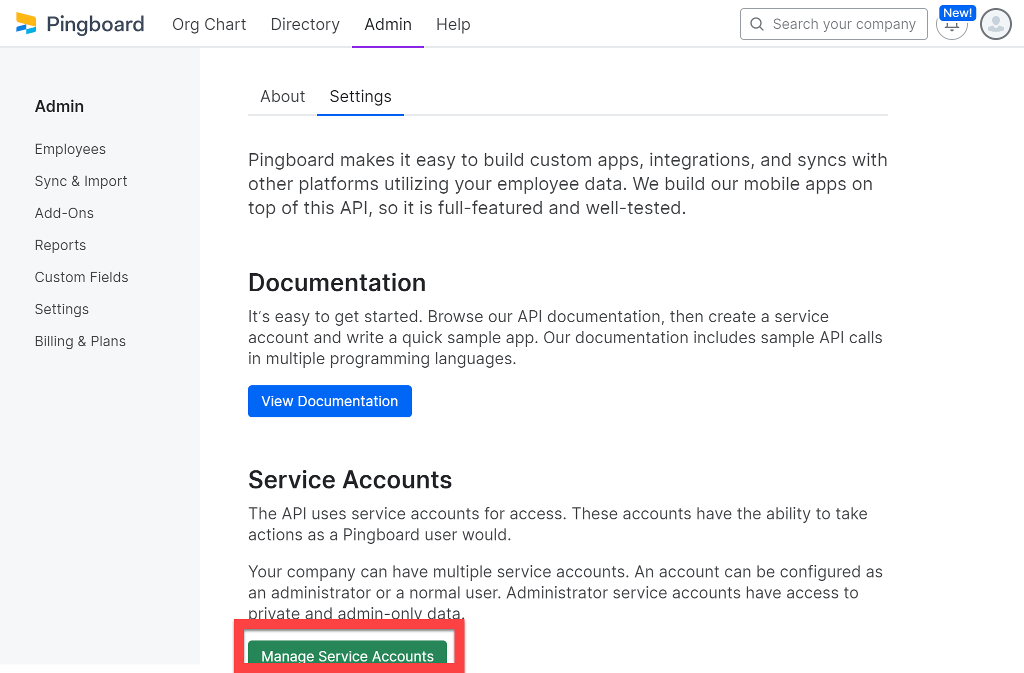 Pingboard API settings page with Manage Service Accounts highlighted