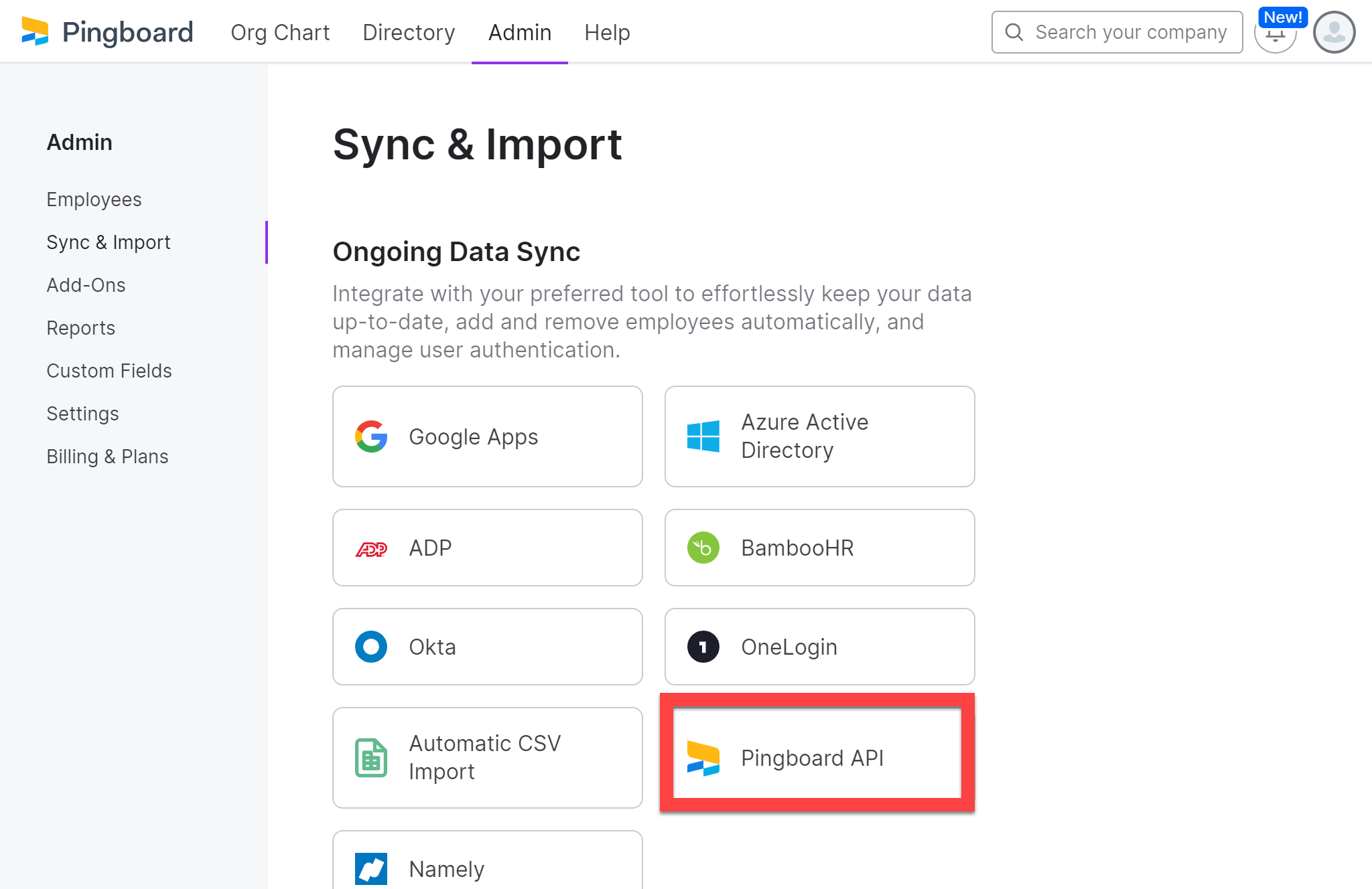 Pingboard Sync and Import page with Pingboard API selected